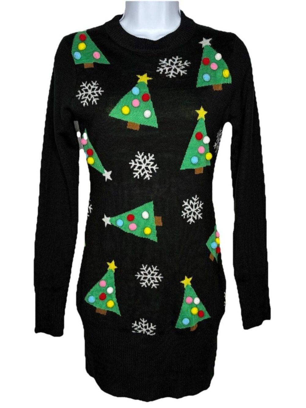 Tipsy Elves Ugly Sweater Mini Dress Size XS Pom Pom Christmas Tree Ornaments